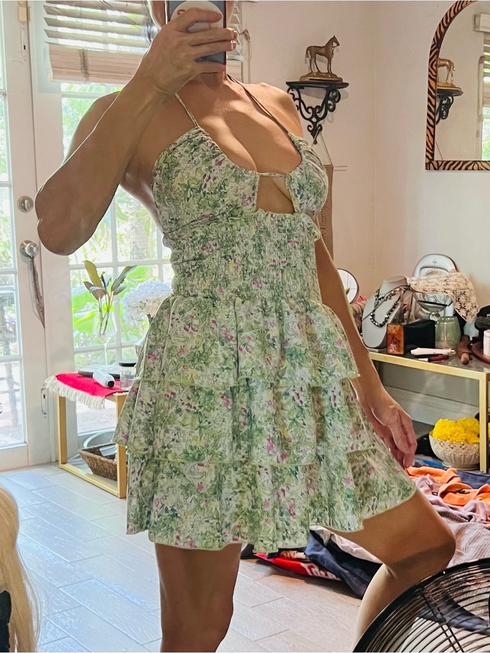 Lite & Airy! Sexy Smocked Floral Mini Dress in Light Green